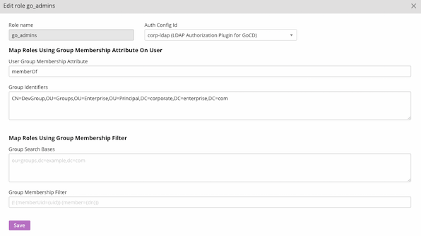 Example GoCD role to LDAP group mapping